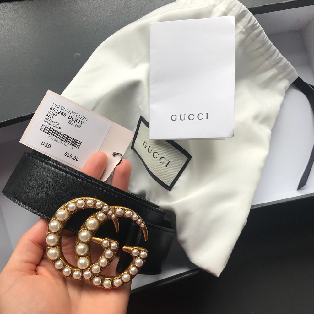 Gucci Leather Belt with Pearl Double G Buckle